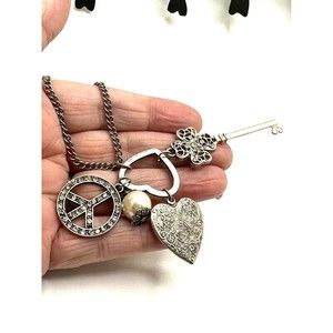 Gun Metal T. Necklace Heart Pendant + 4 Charms Rhinestones w Peace Symbol 29"